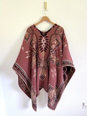 Free People Women’s OS Cottage Blanket Poncho OS Open Front Aztec Paisley Boho